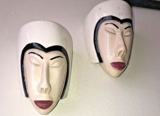 Antique Asian Womans Head Wall Pocket Ceramic Vase Crackle Glazed Pair Vintage