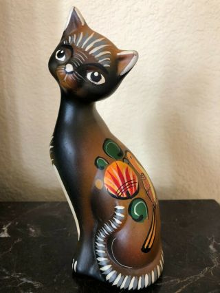 Vintage Folk Art Hand Painted Ceramic Pottery Sitting Cat Figurine Bird Flowers