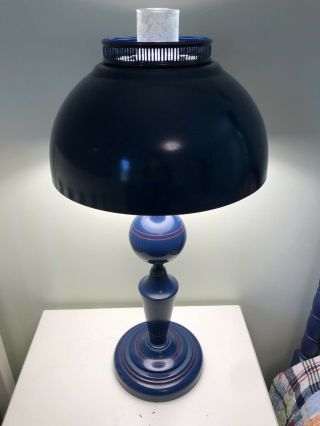 Vintage Blue Tole Enameled Metal Hurricane Desk / Table Lamp Post Mid Century