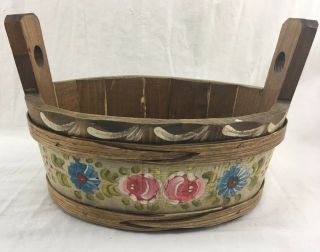 Vintage German Hand Made Painted Floral Tole Wood Bucket Basket Bavarian 7”tall