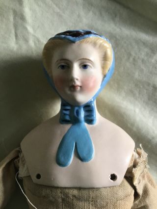Rare Antique Blond 1870’s Hatted Parian Doll Blue Bonnet With Bow 14.  5” Tall