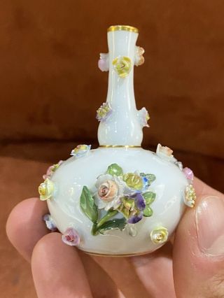 Antique Miniature Meissen Signed Porcelain Flower Encrusted Vase -
