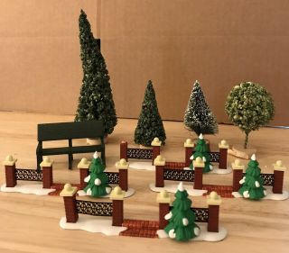 4 Trees,  1 Bench,  4 Fences With Gate Openings.  Department 56.  Snow Village. 2