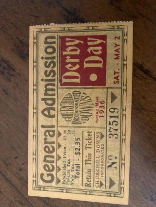 Vintage 1936 Kentucky Derby Ticket Stub - General Admission,  37519 Bold Venture