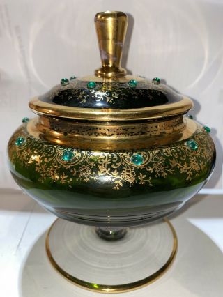 Vintage Bohemian Green Glass Gold Gilded Hand Painted,  Lid Footed Compote Dish