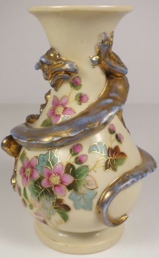Vintage Carlsbad Victoria Porcelain Vase W Hand Painted Flowers & Large Dragon