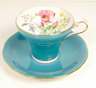 Vtg Mcm Aynsley Electric Blue Hand Painted Flowers Inside Corset Cup & Saucer