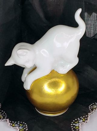 Vintage Rosenthal Porcelain Cat Balancing On 24kt Gold Ball 3.  75 "