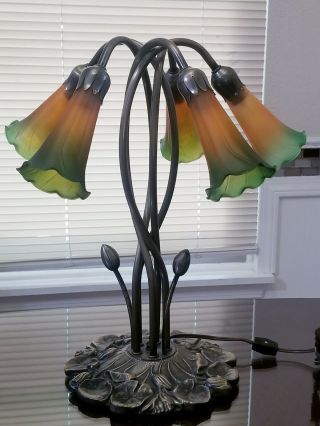 Vintage Tiffany Style Tulip 5 Shade Lily Table Lamp Amber Yellow Green 17 "
