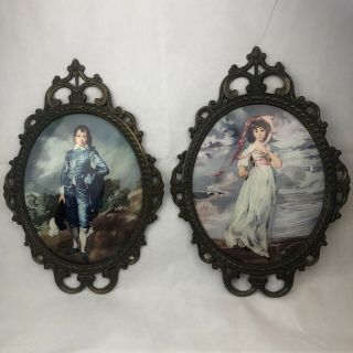Vintage Boy Blue And Pinkie Girl Vintage Set.  Metal Frame With Oval Glass Italy