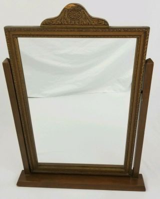 Vintage Art Nouveau Tilt Vanity Shaving Mirror Dresser Top Carved Wood Antique