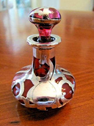 Antique Cranberry Glass Sterling Overlay 3 2/8 " Art Nouveau Perfume Bottle Guc