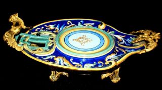 19c Antique Majolica French Bronze Mount Footed Tray