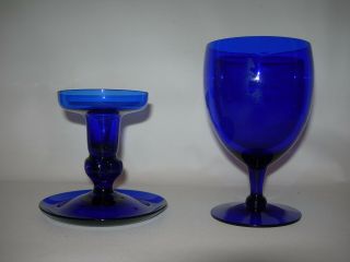 Antique Set Bristol/cobalt Blue Blown Glass Candlestick W/drip Lip & Goblet