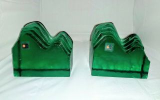2 Rare Vintage 1980s Blenko Emerald Green Mountain Peak Bookends