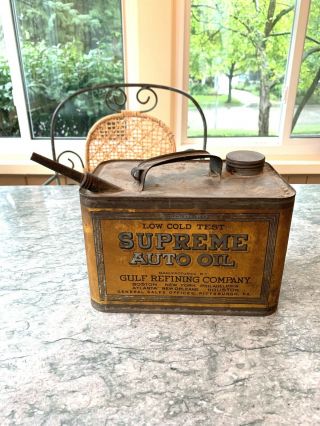 Vintage Supreme Auto Oil,  Gulf Refining Co.  1 Gallon Oil Can “low Cold Test”