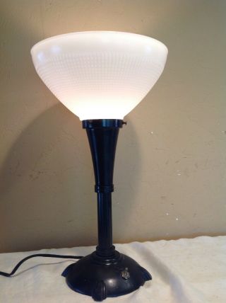 Antique Vintage Art Deco Cast Iron Base Metal Table Lamp W/white Glass Shade