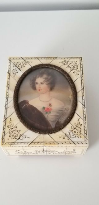 Vintage/antique Bone Inlayed Jewelry Box With A Signed Woman Portrait,  Germany