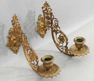 Antique 19thc Victorian Gilt Bronze Architectural Swing Arm Wall Candle Sconces