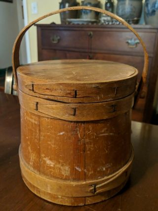 Antique American Small Firkin Sugar Sewing Bucket & Cover Banded Wood
