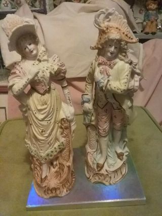 Vintage Antique Large Hand Painted Bisque Porcelain 15 " Statues Victorian Couple