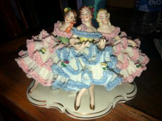 Antique German Porcelain Karl Klette Dresden Lace 3 Ballerinas Lady Figurine