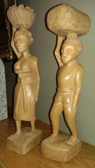 Vintage Hand Crafted Wooden Statues - Carved Solid Wood Primitive Native Figures