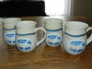 Vtg Stoneware Seagull Set Of 4 Coffee Cups Mugs Ovoid