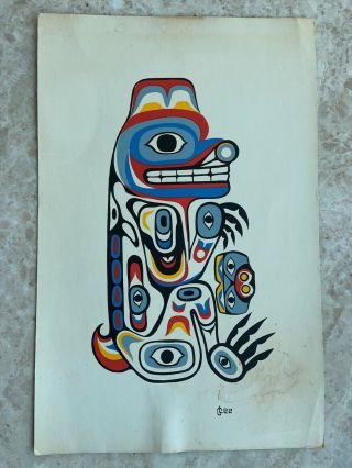 Vintage Antique Drawing Painting Signed Bear Totem Pole 32 Pacific Northwest