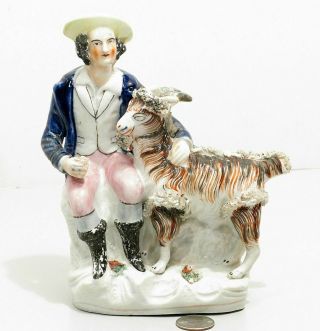 Antique Porcelain Figurine Old Staffordshire England Boy Pink Pants Hat W/ Goat