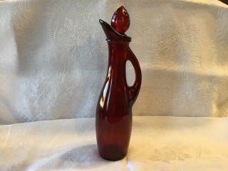 Vintage Ruby Red Glass Cruet Perfume Bottle With Rose Bud Stopper 8” Tall