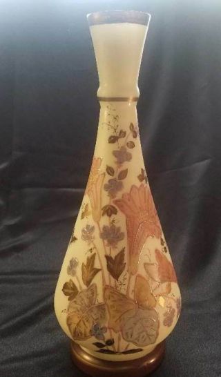 Victorian Era 13 " Satin Glass Cased Hand Painted Floral & Fauna Vase