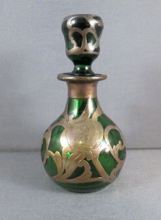 Antique Victorian Art Nouveau Sterling Silver Overlay Green Perfume Bottle