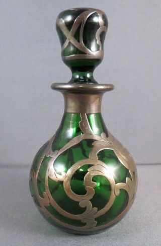 Antique Victorian Art Nouveau Sterling Silver Overlay Green Perfume Bottle 2