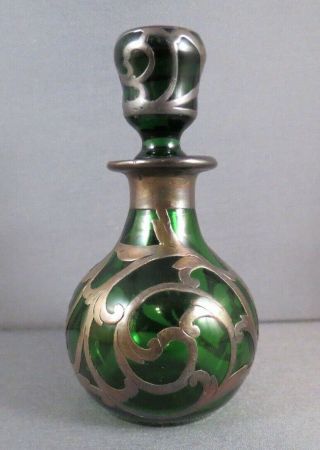 Antique Victorian Art Nouveau Sterling Silver Overlay Green Perfume Bottle 3