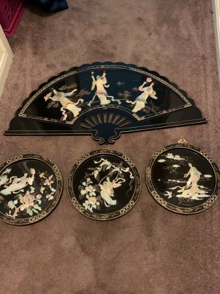 Large Vintage Chinese Wall Art Round Black Lacquer Mother Of Pearl Overlay