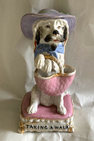 Victorian Porcelain Match Holder / Striker - White Poodle Dog - Hat - Basket