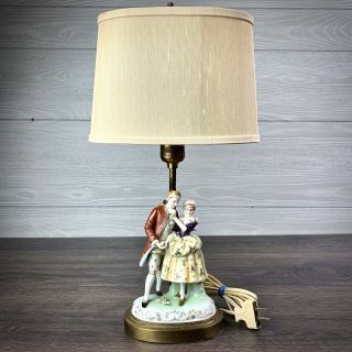 Vintage 17” Hand Painted Porcelain Lamp W 18th Century Lady And Man