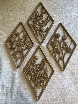 Vintage Set Syroco 4 Diamond Wall Hanging Art Plaques Gold Floral 17 " X 10”