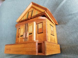 Vintage Wooden Puzzle Bank Box Toy Wood House Marquetry Inlay Secret Compartment