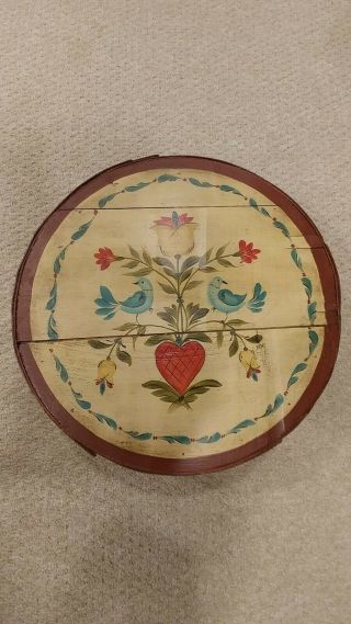 Wooden Round Box With Lid - Hand - Painted Folk Art Blue Birds Hearts