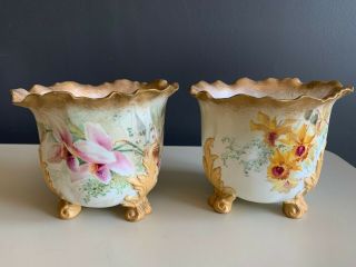 19th Century 2 Hand Painted Porcelain Footed Pot Planter Vases England Phillips