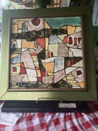 Vintage Abstract Ceramic Tiles.  Framed Wall Art Hand Painted Raised 4 Tiles 6”