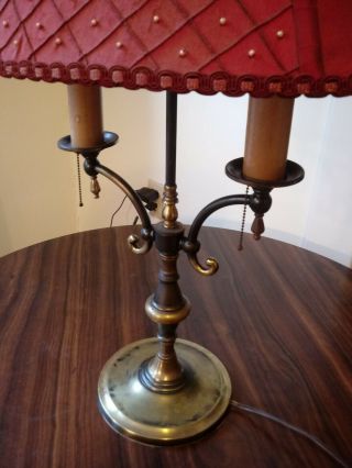 Antique Brass Lamp With 2 Sockets And Red Shade