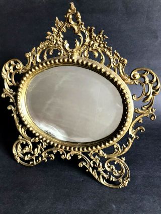 Antique Victorian Easel Bevel Vanity Mirror Scroll Rococo Brass Gold Gilt Frame