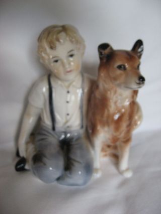 Vintage Porcelain Japan Figure " Boy Sitting Hugging His Dog "