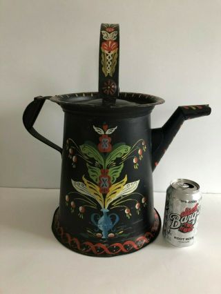 Vintage Large Folk Art Coffee Pot Hand Painted Toleware Primitive