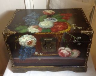 Vintage 18 " Hand Painted Wood & Brass Floral Chest Storage Box W/ Velvet Lining