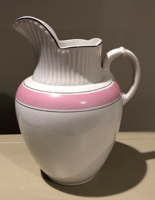 Antique Iowa Potteries White Ironstone Water Pitcher With Pink Stripe 12”