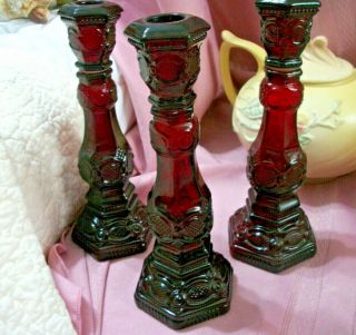 Set Of 3 Vintage Avon Cape Cod Ruby Red Glass Large Candle Stick Holders